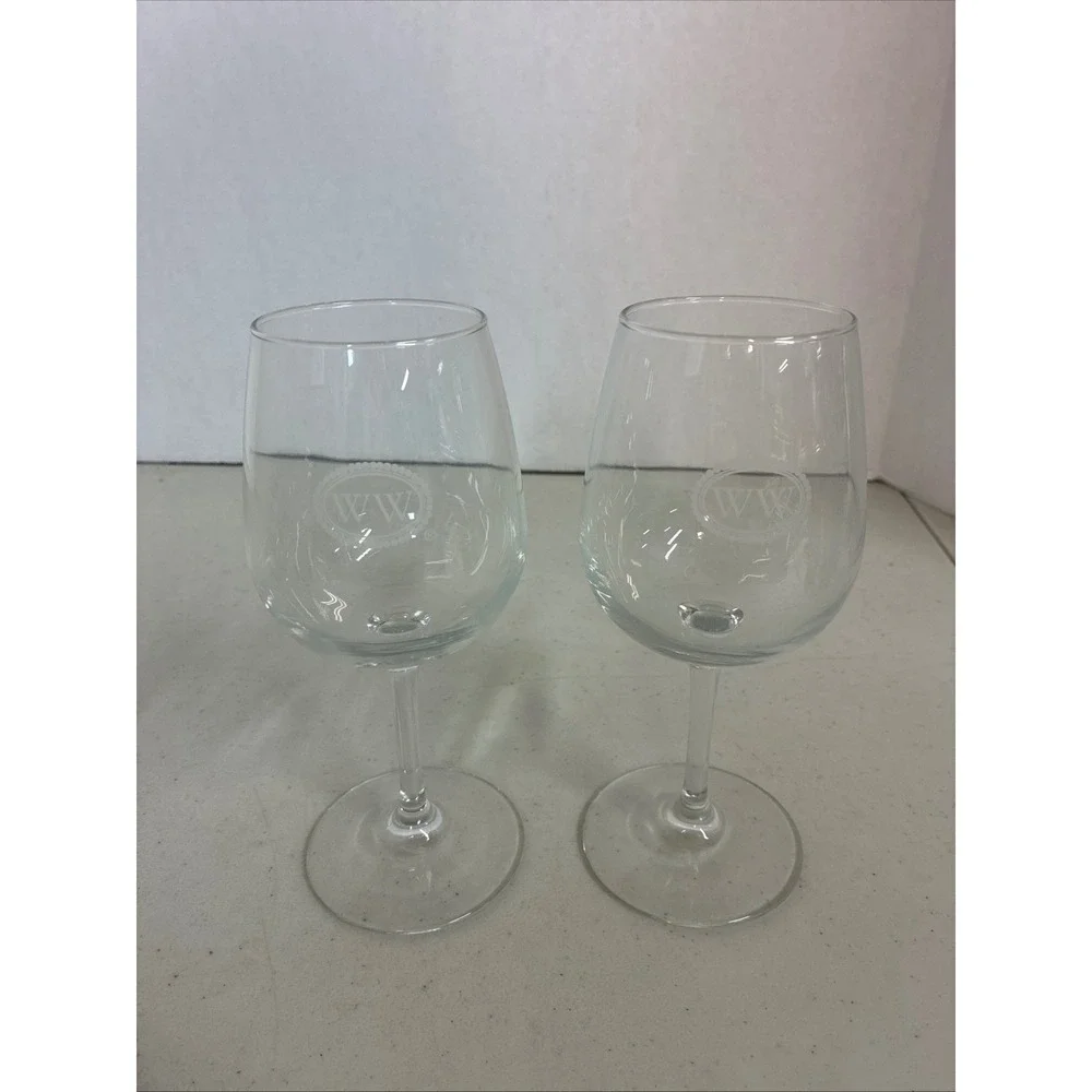 Set of 2 WW Monogram Etched Stemmed‎ Wine Glasses Clear Glass Barware